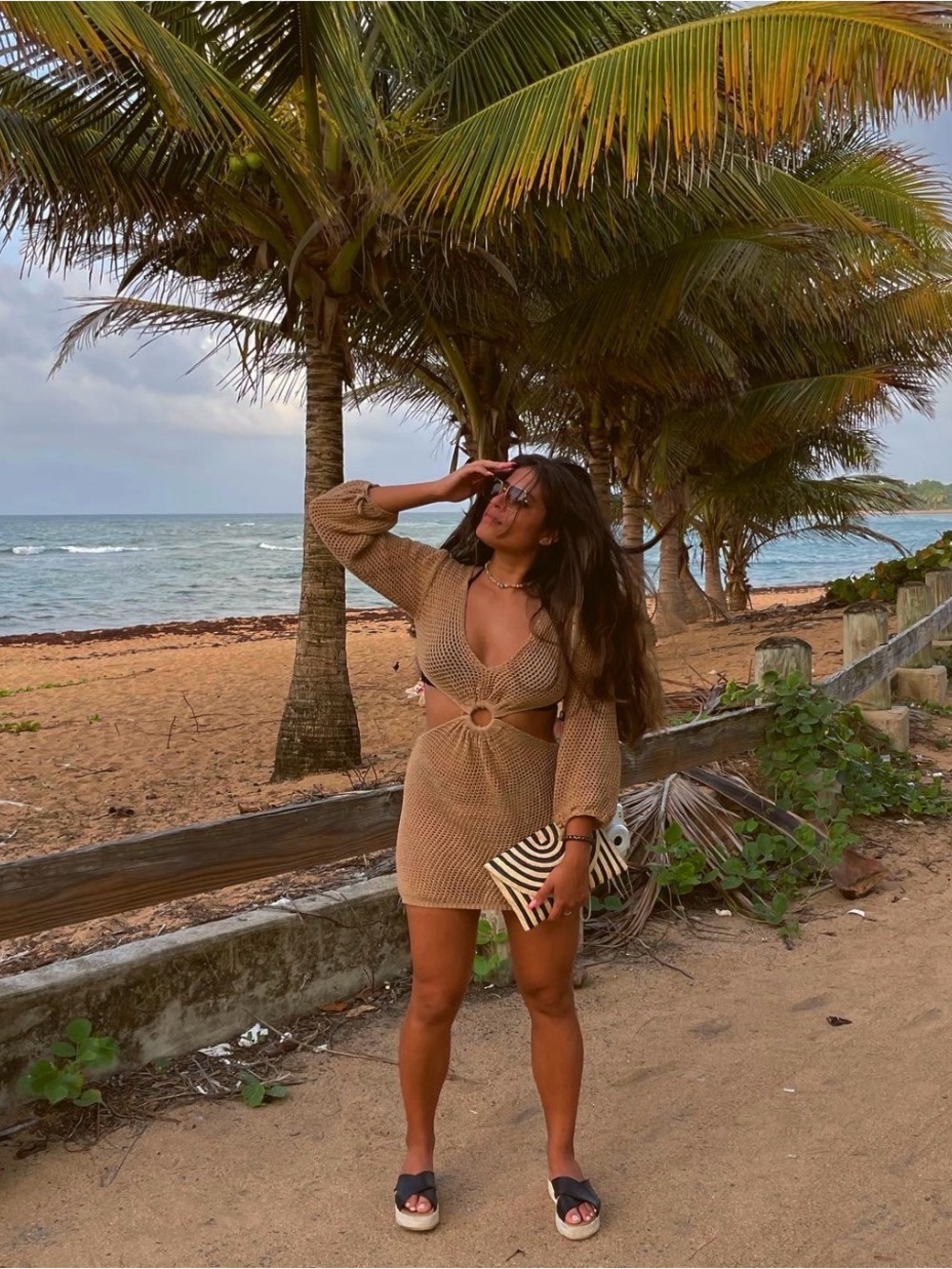 Tan Crochet Cutout Beach Cover-Up Dress - Women Swim